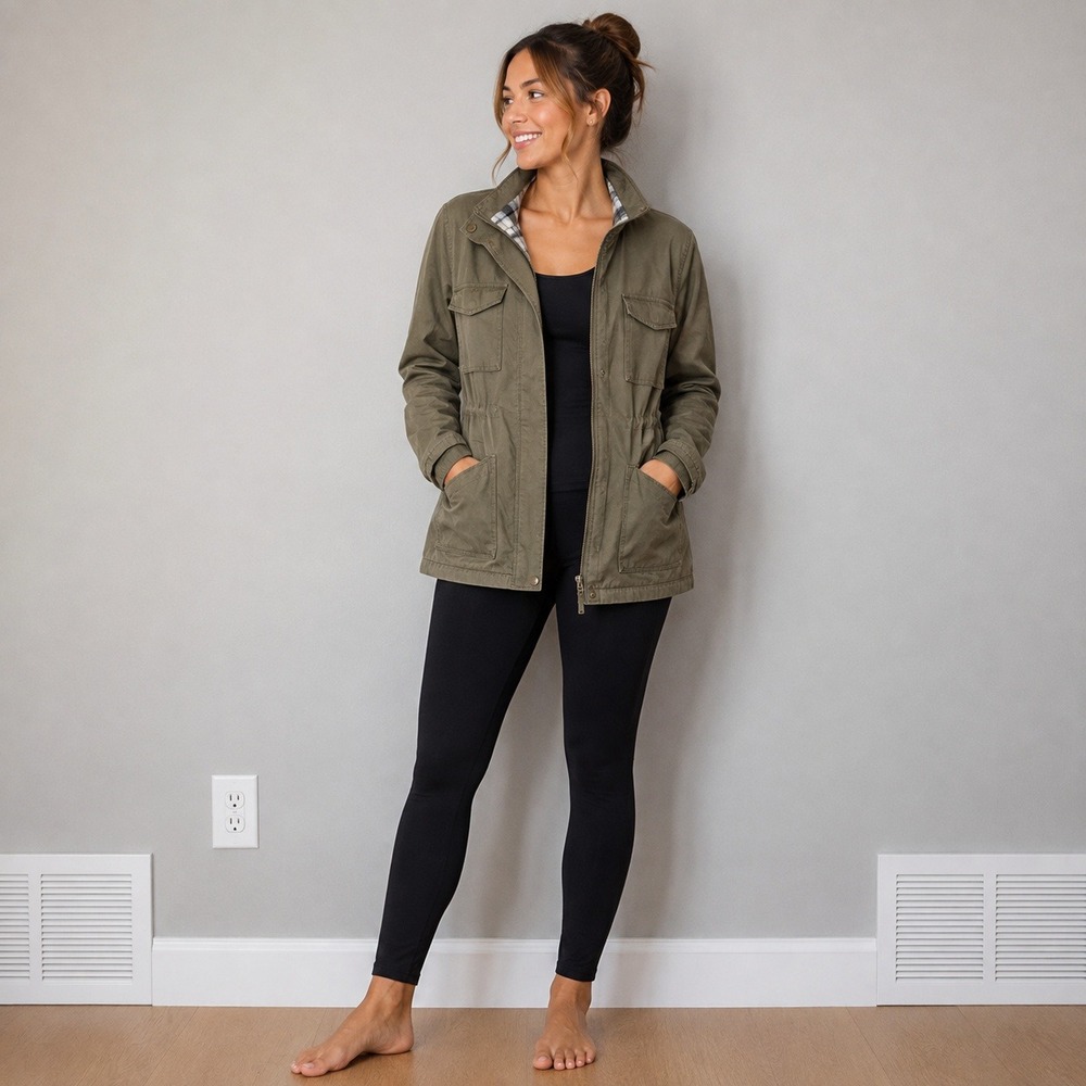 Thread & Supply Womens Olive Green Utility Field Jacket Plaid Lined Large
